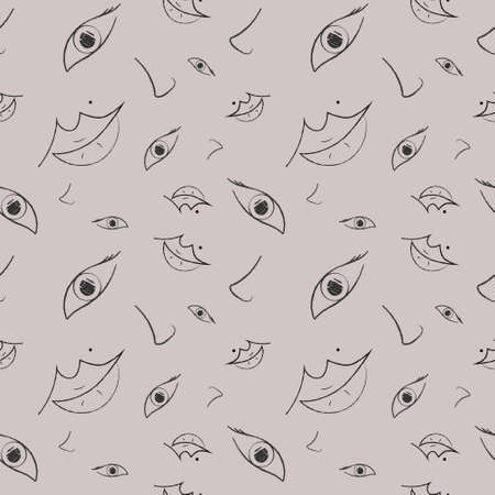 Linear pencil hand drawing abstract seamless pattern. Modern minimalistic sketch style, face details contour line art. Vectorの写真素材