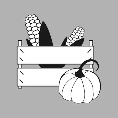 Farmer wooden box icon, cute image of corn, pumpkin. Fruit and vegetable products for farm market.のイラスト素材