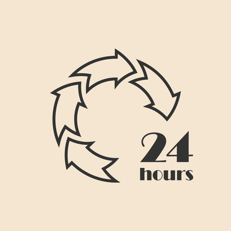 24 hours icon, outline arrows. Full support time concept. Flat line design
