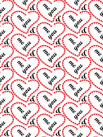 Love geometric seamless pattern. Shapes of red hearts. Text lettering you, me. All romantic holidays...