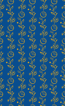 Ornamental floral seamless pattern. Hand drawn graphic design, nature folklore flourish, leaves, berry elements, gold line texture on blue backgroundのイラスト素材