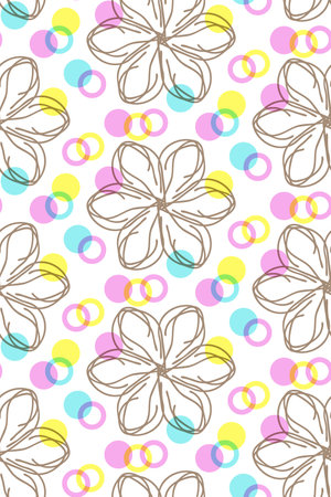 Spring motif decorative seamless pattern. Funny floral illustration in transparent pastel colors for Easter cards, invitaions, banners. White backgroundのイラスト素材