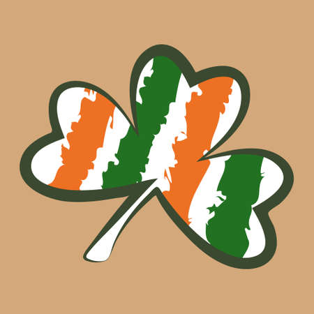 Clover three-leaf icon decorated with brush stripes in colors of Irish national flag. Craft paper color backgroundのイラスト素材