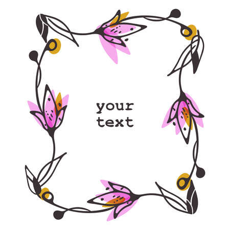 Vector doodle decorative frame. Hand drawn sketchy ink line, elements of flower, leavesのイラスト素材