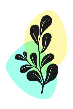 Leaves branch poster, boho minimalistic abstract style, hand drawn artistic image, transparent shapes background in blue, yellow colorsのイラスト素材