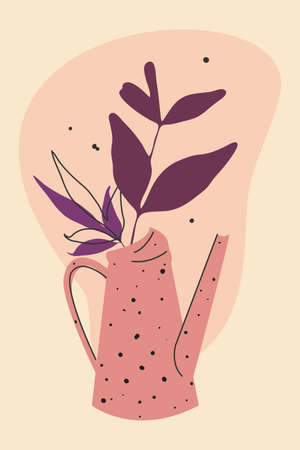 Vector minimalistic boho style art, hand drawn water can, leaves branch, abstract backgroundのイラスト素材