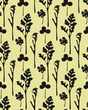 Vector botanical seamless pattern, black silhouettes of meadow herbs. Light yellow backgroundのイラスト素材