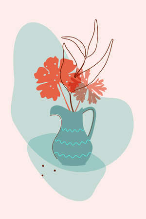 Vector botanical minimalistic poster, hand drawn flat boho style, blue decorated jar, flower, abstract transparent shapesのイラスト素材
