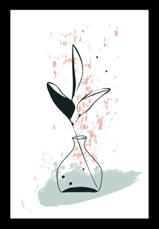 Vector hand drawn abstract wall art, minimalistic boho ink painting style, botanical images of leaves branch, vase, transparent spot in blue, pink color paletteのイラスト素材