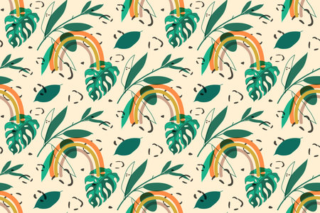 Vector hand drawn doodle seamless pattern, minimalistic boho painting style, rainbow, tropic leaves...