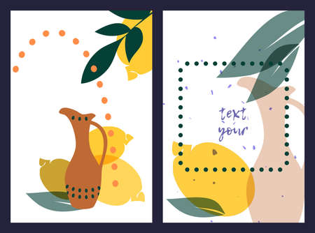 Set of wall art poster and greeting cards, hand drawn abstract minimal composition, contemporary boho collage style, vase, plants, abstract transparent shapes, dotsのイラスト素材