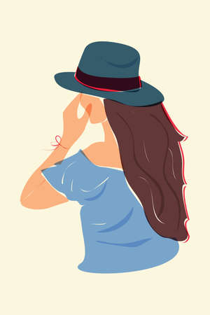Woman abstract silhouette, vector hand drawn boho design, summer holiday concept, hat, long hairs.のイラスト素材