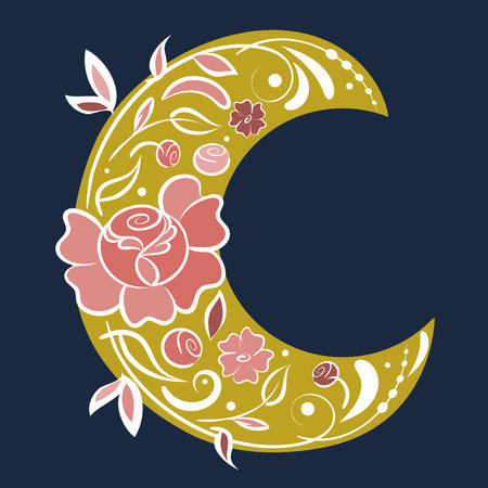 Neo folklore floral art, vector, hand drawn design. Fairy flowers, flourish motif, crescent moon, flat illustration in pink colors palette.のイラスト素材