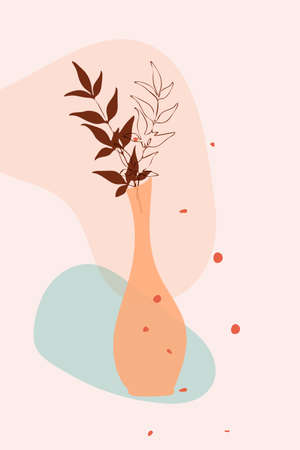 Poster, hand drawn abstract minimal composition, contemporary boho collage style, vase, branch leaves, plants, abstract shapes in transparent blue, orange, brown colorsのイラスト素材