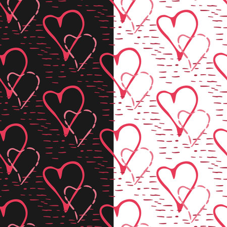 Doodle hearts seamless pattern, vector, hand drawn sketching ink brush lines, pink red colors paletteのイラスト素材