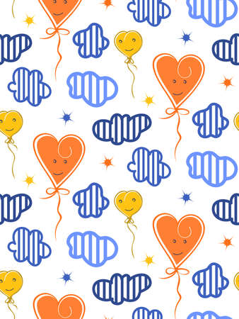 Cartoon cloud kids seamless pattern, heart shapes balloon, hand drawn illustration in colors of orange, blueのイラスト素材