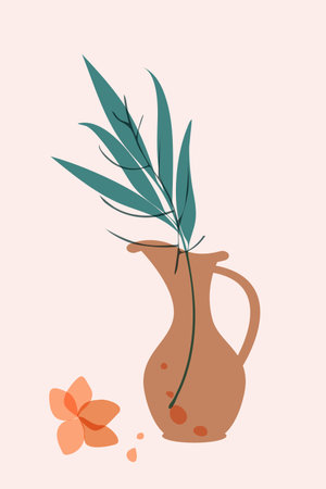 Poster, hand drawn minimal composition, contemporary boho style, vase, branch leaves, plants, abstract shapes in transparent colorsのイラスト素材