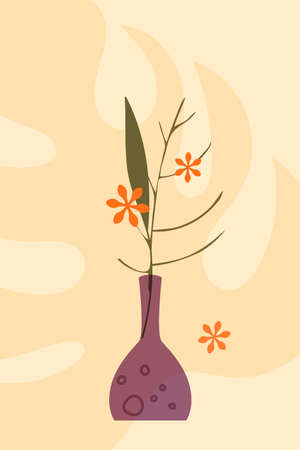 Floral vector poster, minimalistic boho style, hand drawn transparent shapes of vase, branch, leaf, flower, monstera in lilac, orange paletteのイラスト素材