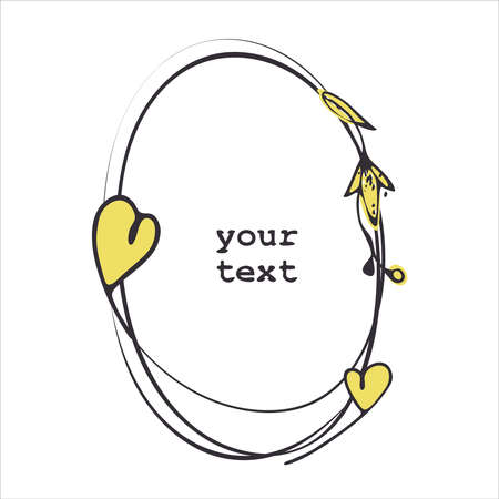 Doodle style circle frame, hand drawn lines, decoration elements flower, heart are editable. Grey, yellow colors palette. Vector.のイラスト素材