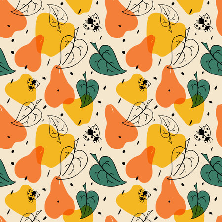 Pear, apple fruits seamless pattern. Leaves black contour silhouettes. Hand drawn abstract shapes,...