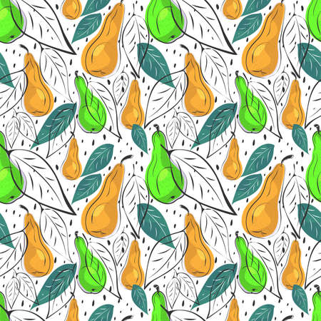 Pear fruit, leaves seamless pattern. Vector. Hand drawn ink brush sketching style, modern bright illustration in colors of lime green, tidewater, yellowのイラスト素材