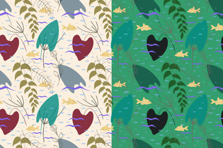 Lake water seamless pattern. Hand drawn graphic composition, cute illustration of river life,...
