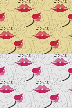 Love concept geometrical seamless pattern, hand drawn line flowers, geometric lips, text lettering, pink color palette. Vectorのイラスト素材