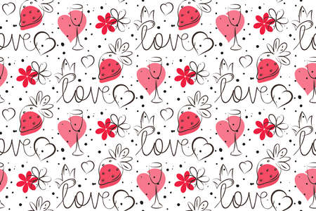 Doodle love seamless pattern. Sketch ink brush hand drawn grey contour line. Cute cartoon festive style. Pink heart, strawberry elements, text lettering. White editable backgroundのイラスト素材