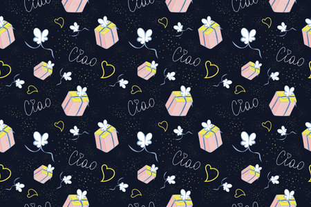 Seamless pattern with holiday gift boxes, sketch hand drawn cartoon design. Italian lettering word...
