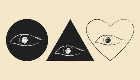 Pencil chalk stroke eye icons set in shapes of circle,triangle, heart. Pixel perfect. hand drawn scibble images in grey black, whiteのイラスト素材