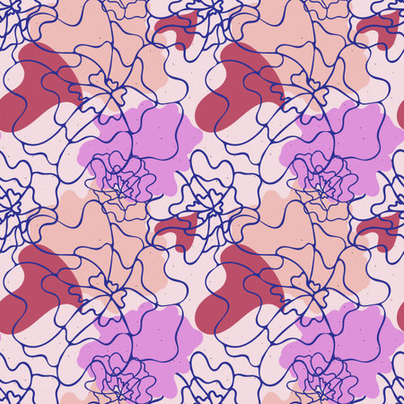 Floral abstract seamless pattern, hand drawn outline illustration, pink lilac spots, blue ink brush...