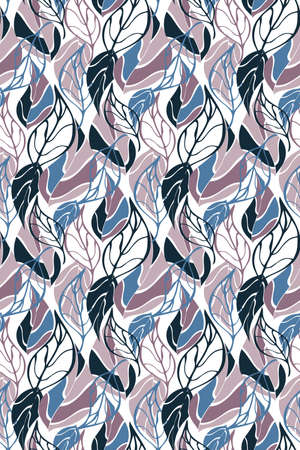Leaves abstract vector seamless pattern. Hand drawn ink line contours. Art collage in colors of blue berry for banners, textile, prints, wallpaperのイラスト素材