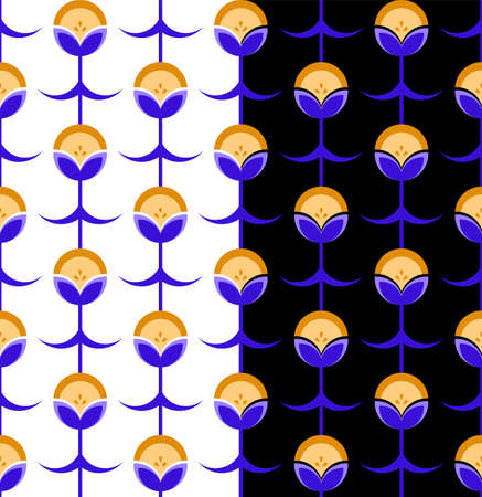 Geometrical flower shapes seamless patterm. Modern floral folklore design concept. Circle, line, half moon forms, blue electric, yellow color palette. White, black easy editable background. Vectorのイラスト素材