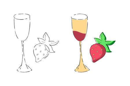 Champagne glass, strawberry icons set. Hand drawn dashed ink brush stroke line, cute flat cartoon style, colored illustration for web cards, flyers, invitations. White background. Vectorのイラスト素材