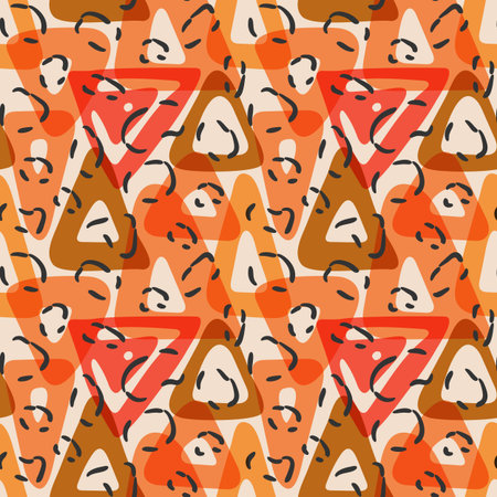 Ink brush stroke triangles seamless pattern. Hand drawn geometric shapes, aninal skin design, red...