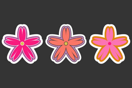 Retro floral stickers. Set of isolated 5 petels flower illustrations in cartoon geometrical style, in pink lilac color palette. Black grey background. Vectorのイラスト素材