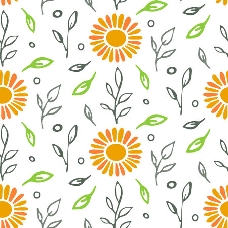 Naive seamless pattern. Hand drawn ink brush stroke leaves, sun flower. White background. Vector