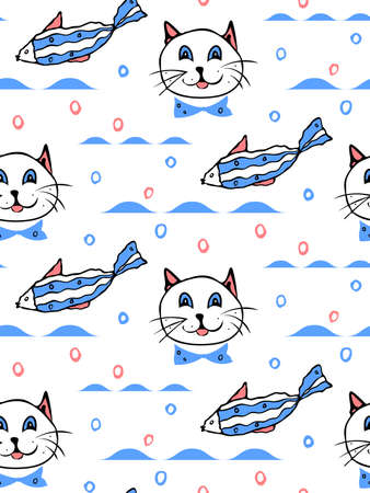 Childish vector seamless pattern. Hand drawn ink brush line images of cat, fish. Cartoon cute style. White backdropのイラスト素材