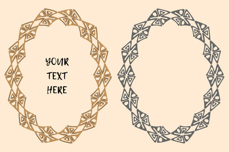 Ethnic design, hand drawn decorative frame set, ellipse shape, beige grey color palette. Cream yellow background. Vectorのイラスト素材