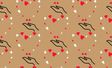 Love sending seamless pattern. Cute red, white heart shapes, outline hand illustration. Brown craft easy editable color background. Vectorのイラスト素材