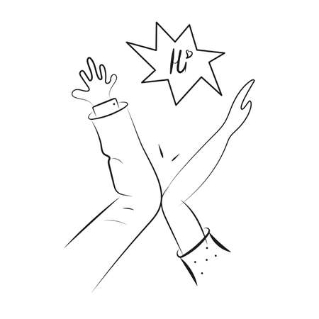 Elbow modern form of greeting. Hand drawn sketch illustration, black ink brush stroke. Text - hi. White background. Vectorのイラスト素材