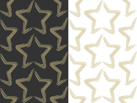 Star, stripes seamless pattern. Hand drawn doodle ink brush stroke, gold color scribbled paint artistic elements. White or black easy editable color background. Vectorのイラスト素材