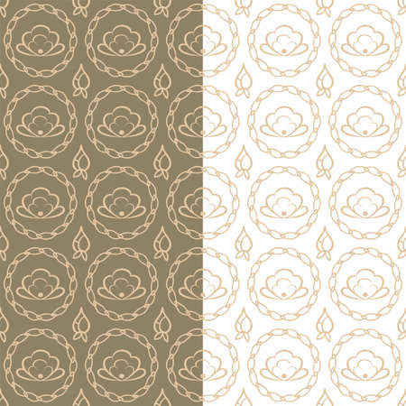 Floral geometrical seamless pattern. Chain shape circle, folk hand drawn flowers in pink color palette. White or beige easy editable color background. Vectorのイラスト素材