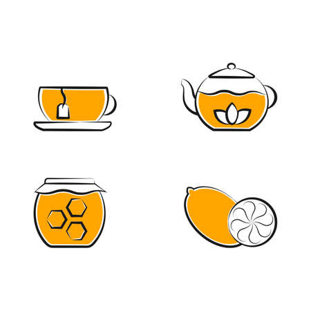 Tea Time Icons Set. Thin line, black contour, outline, yellow mustard fill, flat design. Isolated elements of cup, teapot, honey jar, lemon fruit. Vectorのイラスト素材