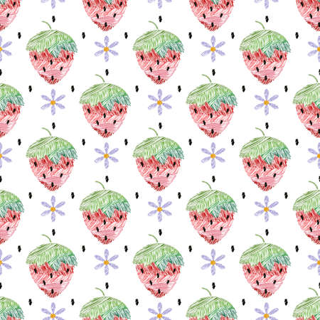 Strawberry floral seamless pattern. Embroidery hand made stitched style cartoon illustration, red pink green color palette. Black background. Vectorのイラスト素材