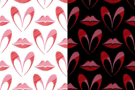 Heart, Lips seamless pattern. Embroidery hand made stitched style cartoon illustration, red pink tones color palette. Black or white easy editable background. Vectorのイラスト素材