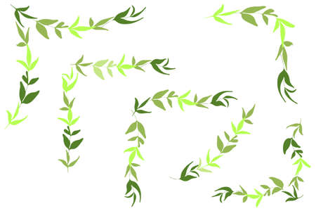 Leaves Brunch Frame Corners Set. Hand drawn lef shapes. Decorative editable kit in green tones color. White background. Art Brush included. Vectorのイラスト素材