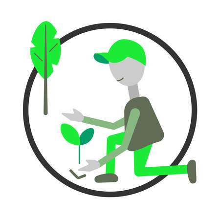 Ecology concept spot illustration. A person, boy takes care of planet, put more new green trees. Circle background. Vectorのイラスト素材