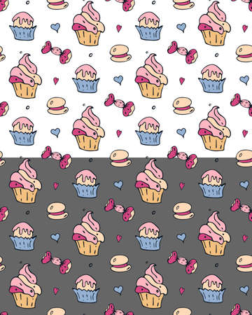 Sweet cakes seamless pattern. Hand drawn ink brush doodle design. Bakery desserts symbols, cartoon style elements. Grey line contours. Gray, white easy editable color background. Vectorのイラスト素材