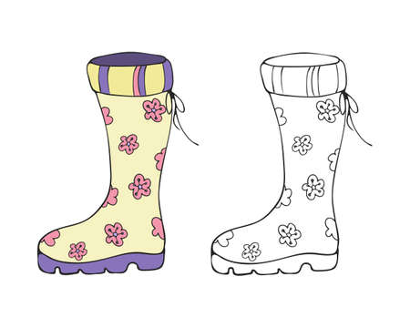 Boot for Garden works, doodle icon set. Vector, united lines. Hand drawn ink brush strokes illustration. Outline and colored clipart. Decorative isolated elementsのイラスト素材